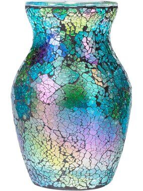 Handmade 8" Iridescent Crackle Glass Vase - Deep Teal & Violet Mosaic Decor